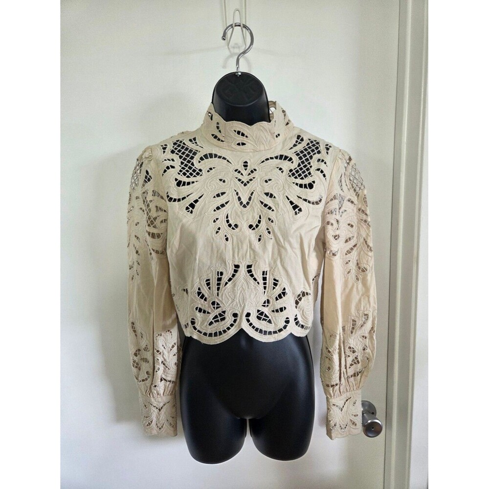 INTERMIX Jasmine Organic Cotton Detailed Lace Cuff Cream Blouse 2